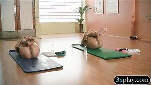 Trainer and sexy babes does yoga while theyre all naked